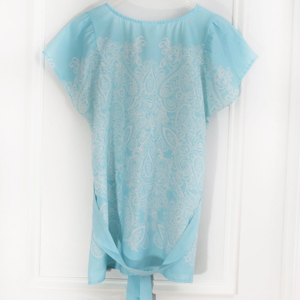 Motherhood Maternity Paisley Top Women Small Belt Blue White Casual Popover Boho - Picture 2 of 15